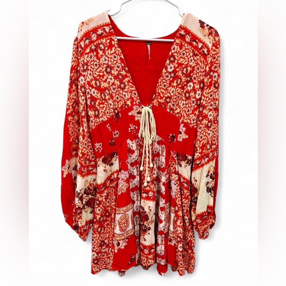 Free‎ People Mixing It Up Mini Dress Small Floral V Neck Boho Patchwork Tunic